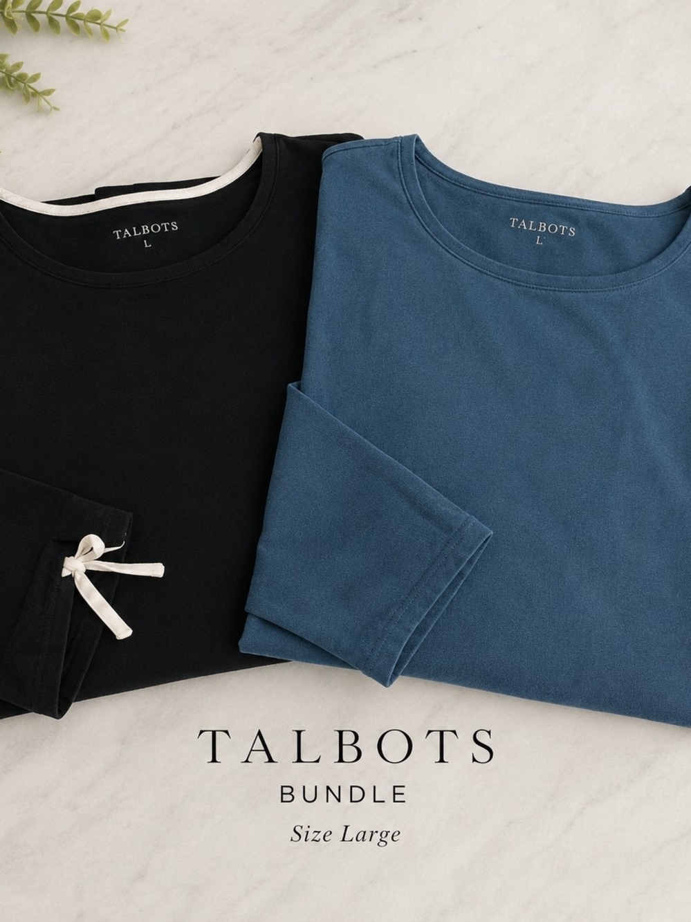 Talbots Size Large Top Bundle Teal Long Sleeve & Black Bow Sleeve Knit Tops